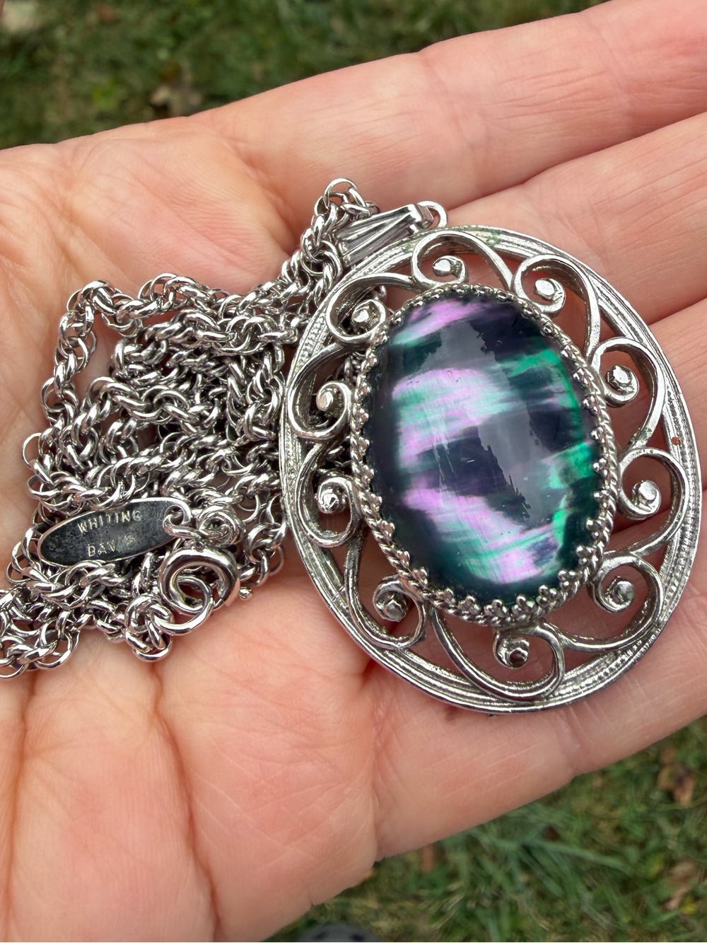 Vintage Whiting & Davis Iridescent Purple Green Silver Filigree Pendant Necklace - Picture 5 of 14